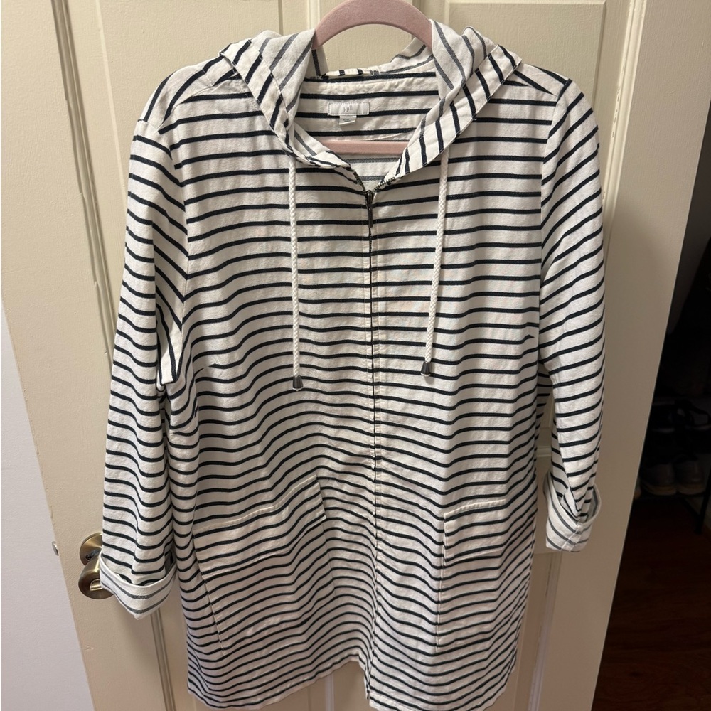 J. Jill Navy and White Striped Hooded Zip Top